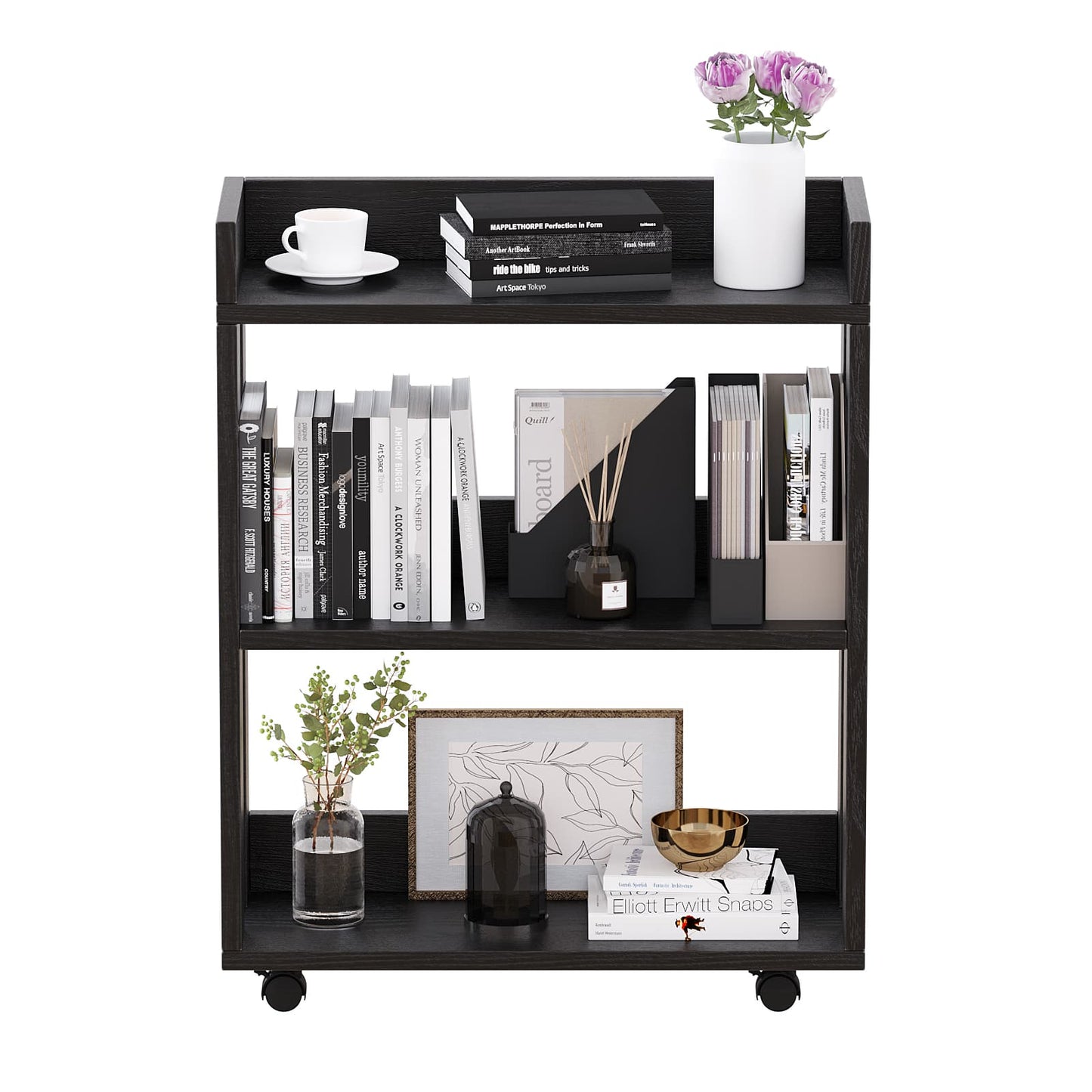 3-Tier Open Wood Shelving Unit, Mobile Small Side Tables, Space Saving