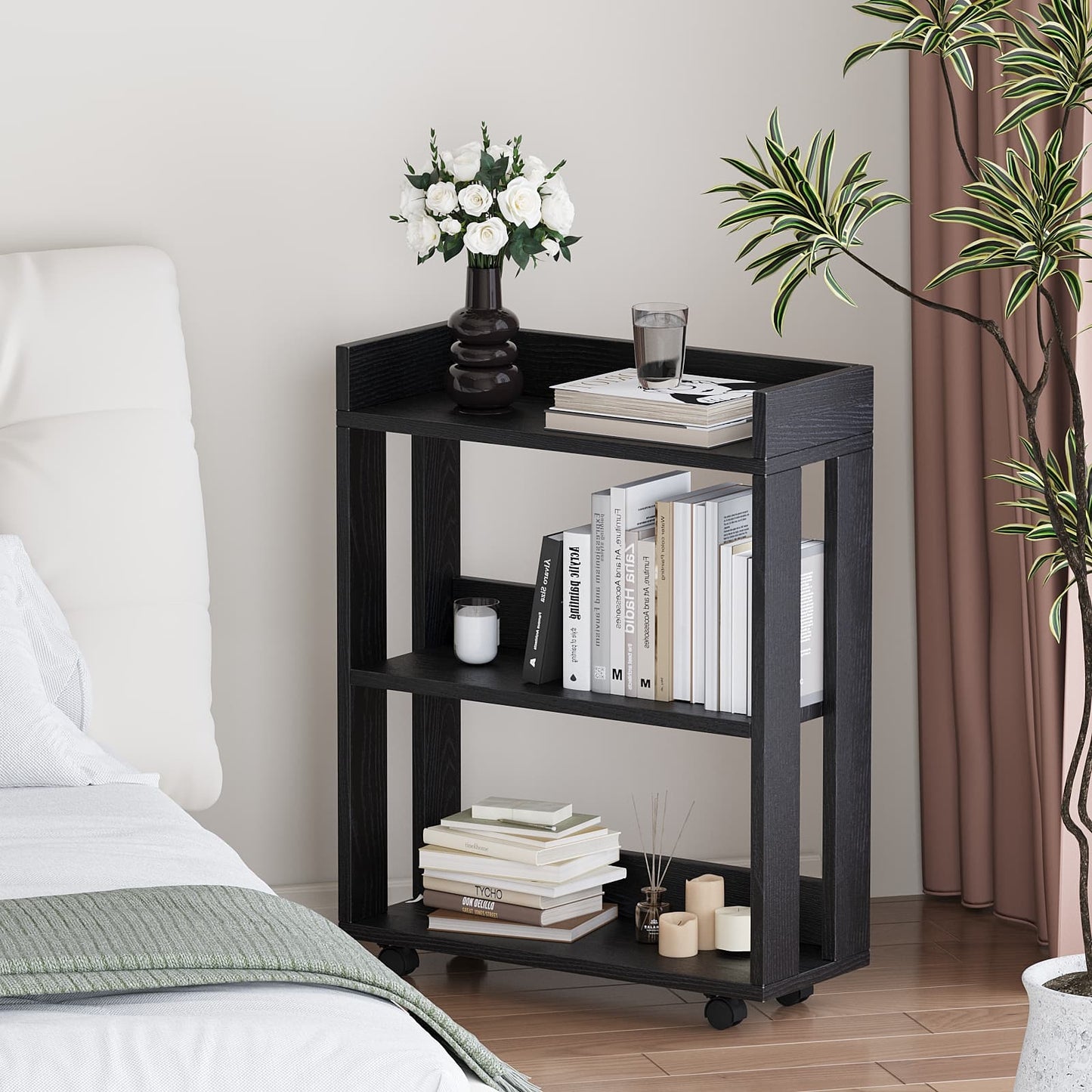 3-Tier Open Wood Shelving Unit, Mobile Small Side Tables, Space Saving