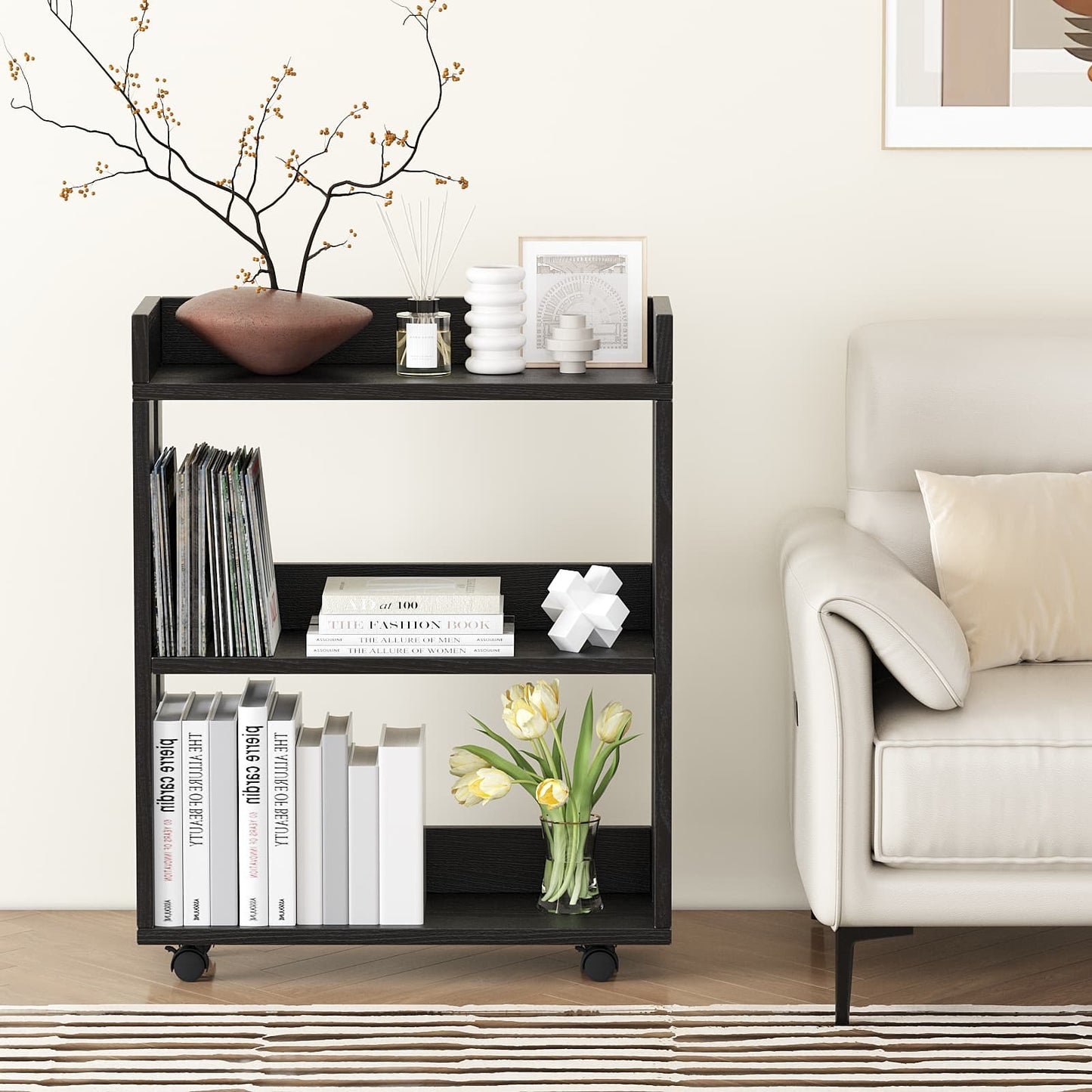 3-Tier Open Wood Shelving Unit, Mobile Small Side Tables, Space Saving