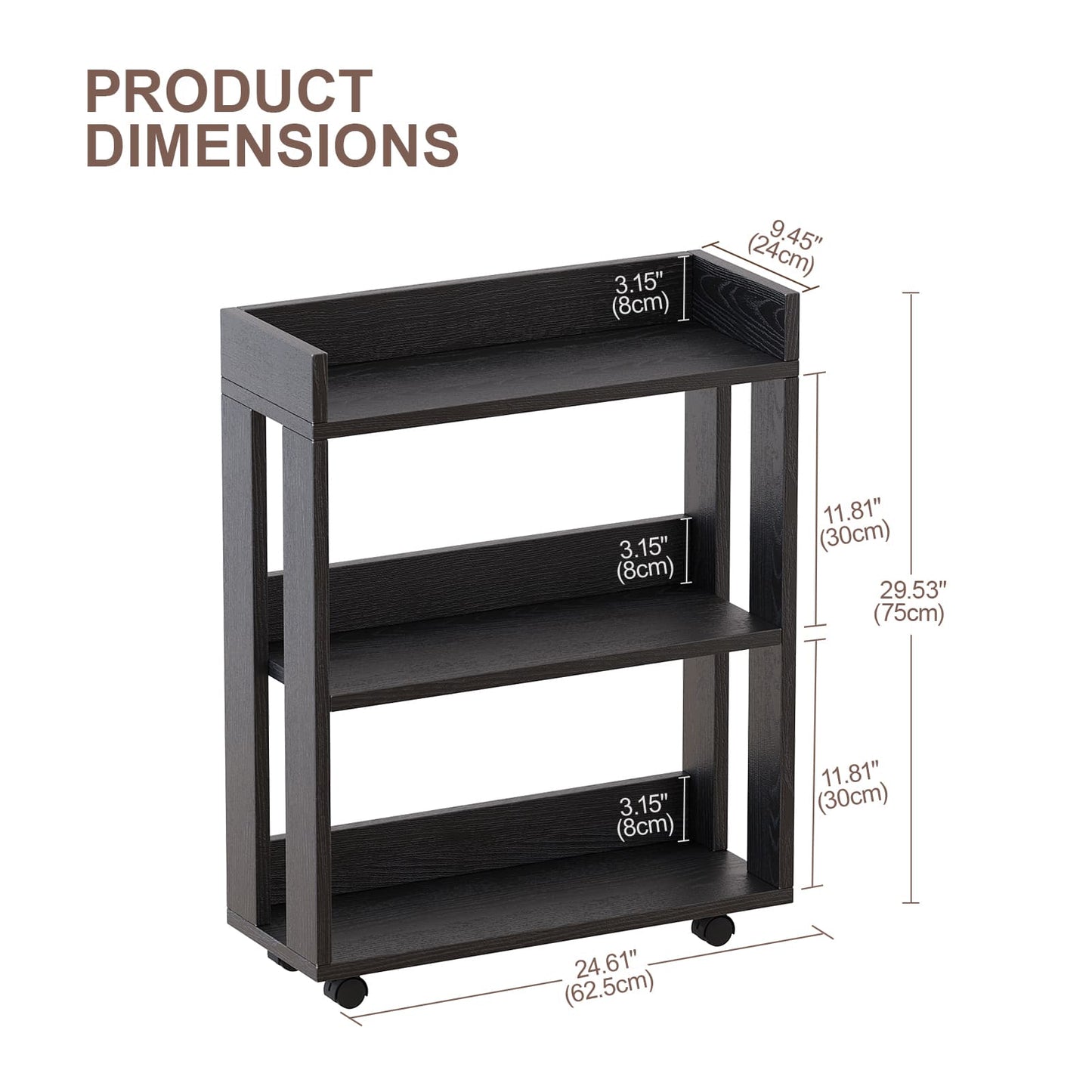 3-Tier Open Wood Shelving Unit, Mobile Small Side Tables, Space Saving