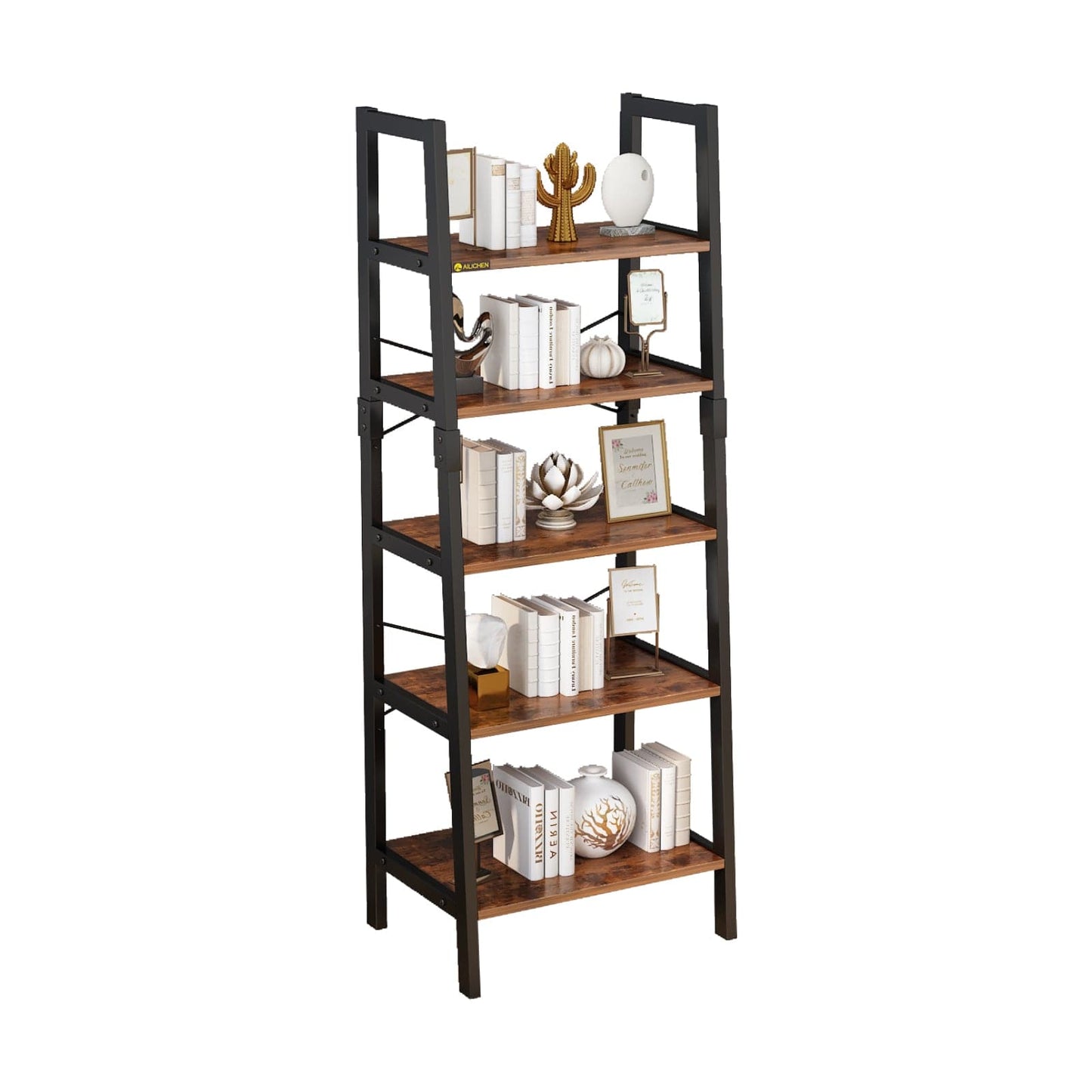 Industrial 5-Tier Bookshelf Wood Look Accent Metal Frame