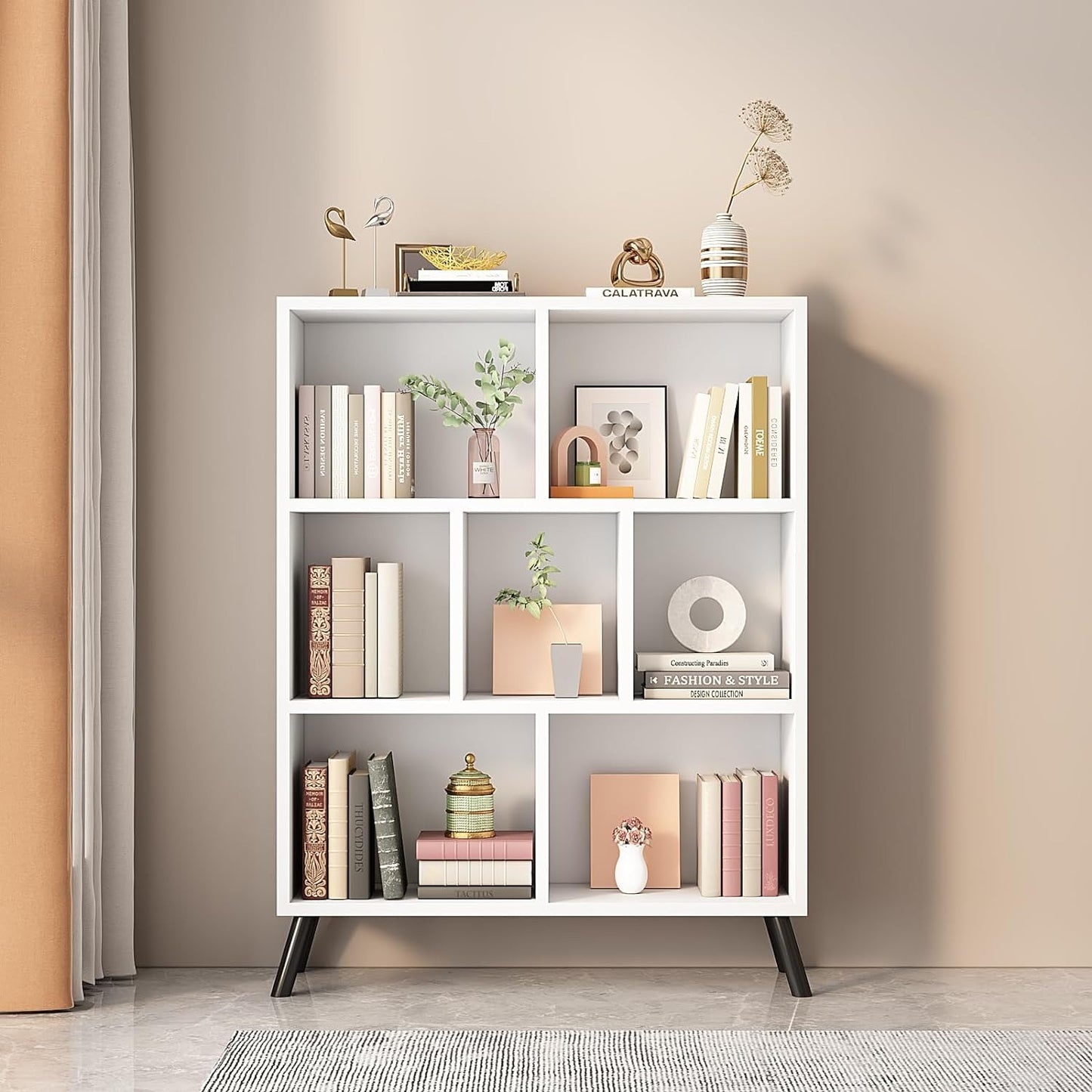 7 Cube Bookshelf, 3 Tier Open Shelf Bookcase with Legs