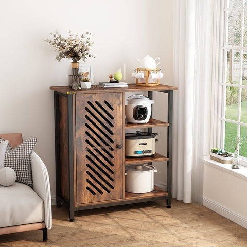 Floor Cabinet with 3 Open Shelves and Door Retro Storage Cabinet