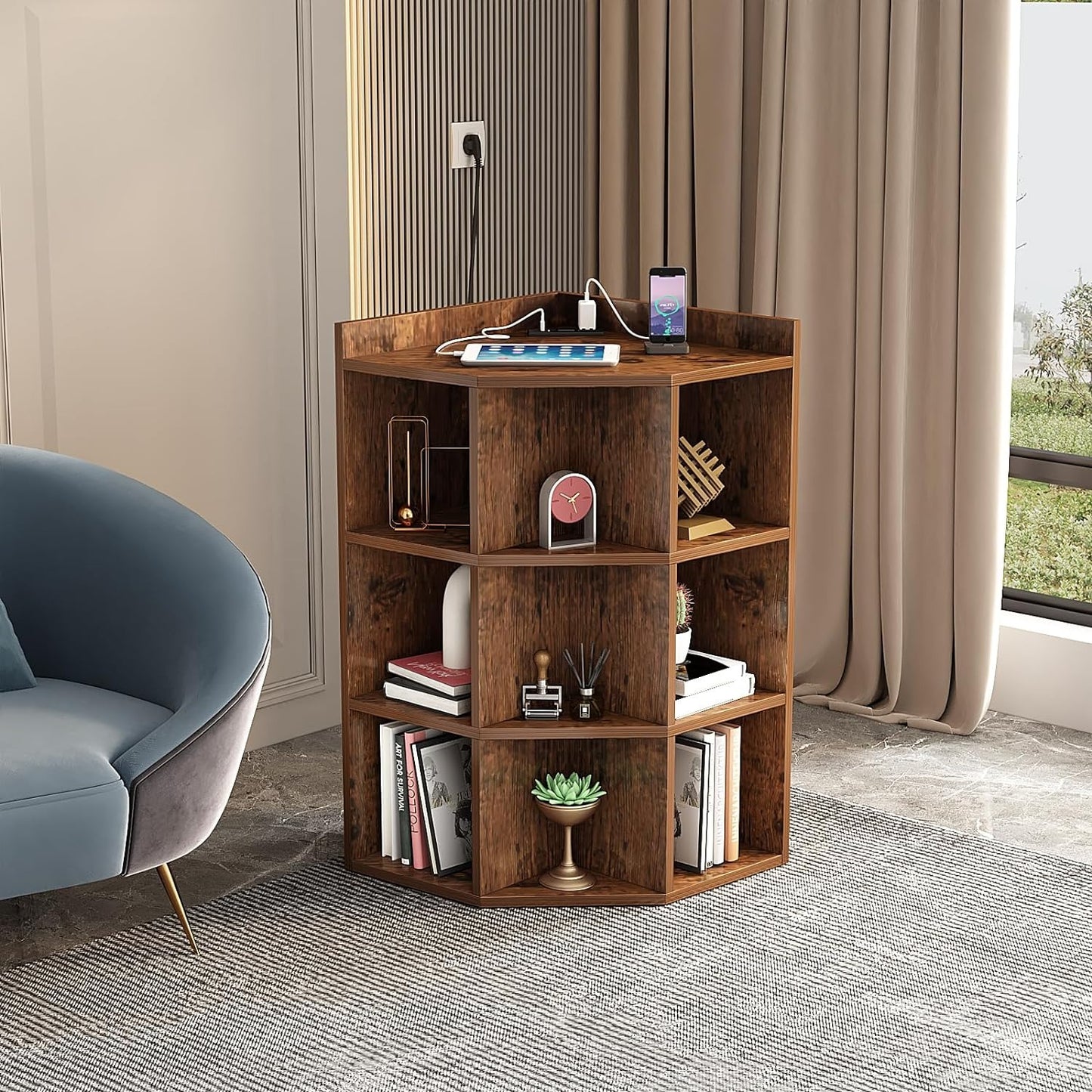Corner Cabinet with Charging Station, Storage Cabinets, Triangle Bookcases