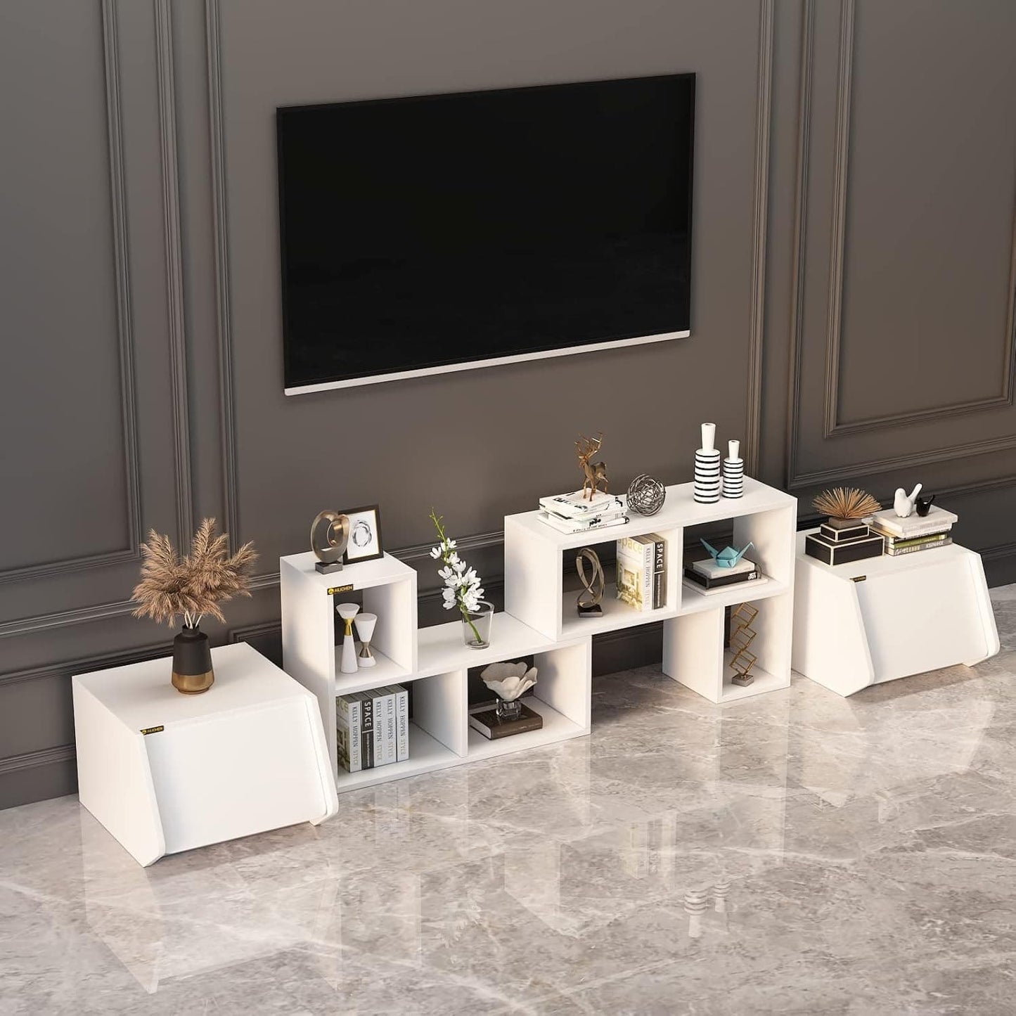 Cube Storage Organizer with Sliding Door, Small Cabinet, Wood Stacking Storage Box white 2 sets
