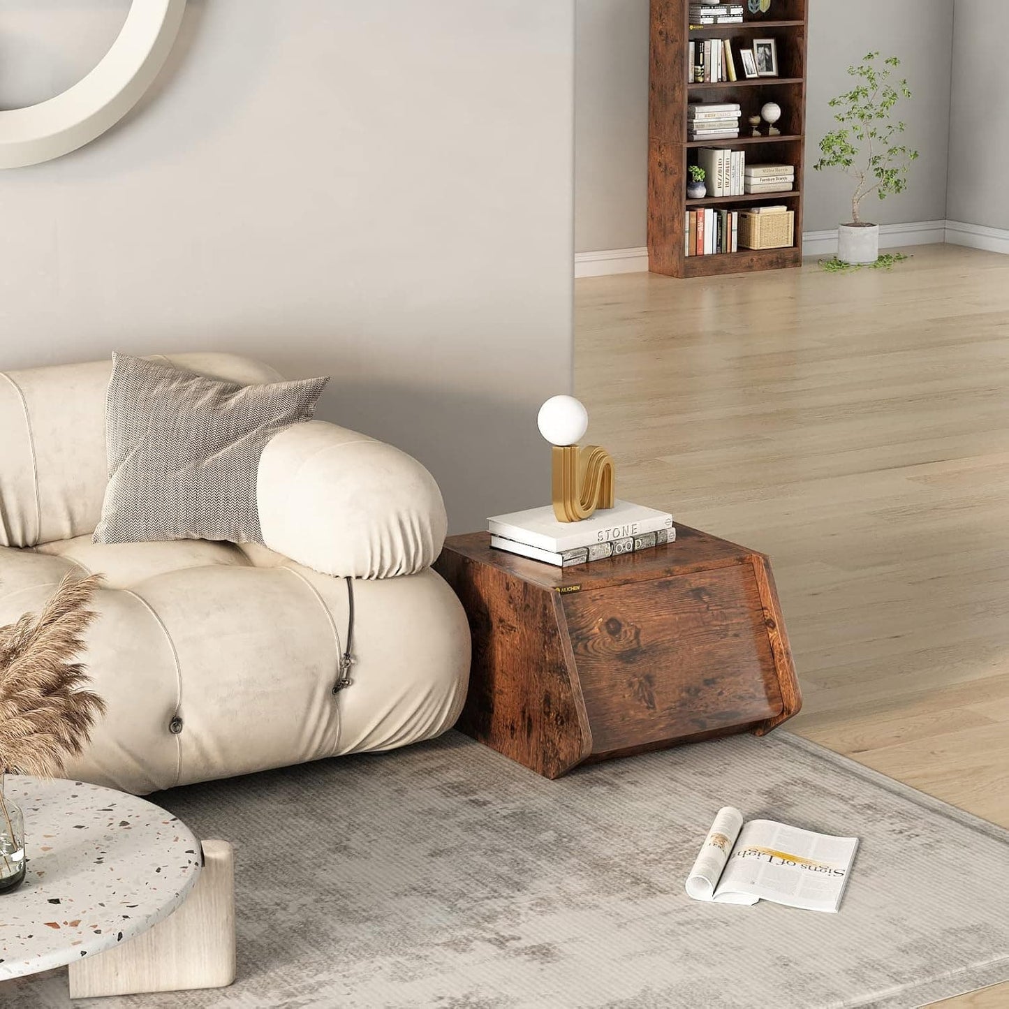 Cube Storage Organizer with Sliding Door, Small Cabinet, Wood Stacking Storage Box rustic beside sofa