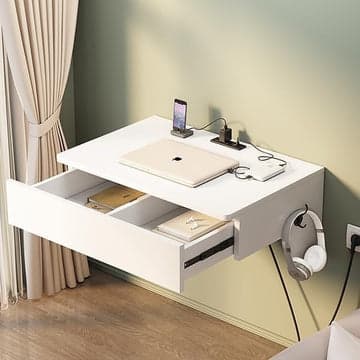 Floating Nightstand with Charging Station, Nightstands With Drawers white