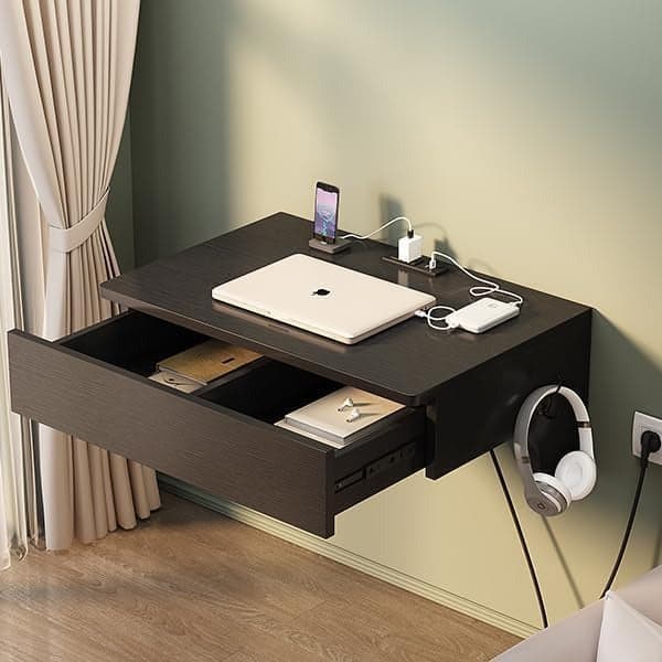 Floating Nightstand with Charging Station, Nightstands With Drawers Black