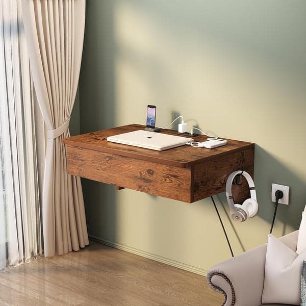 Floating Nightstand with Charging Station, Nightstands With Drawers rustic brown