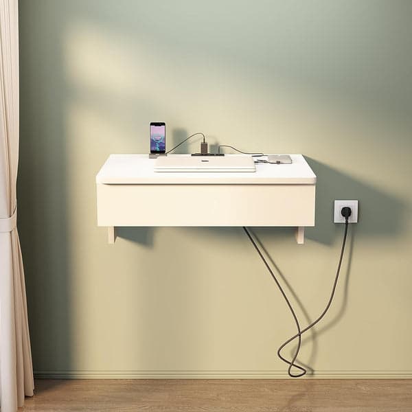 Floating Nightstand with Charging Station, Nightstands With Drawers White Front
