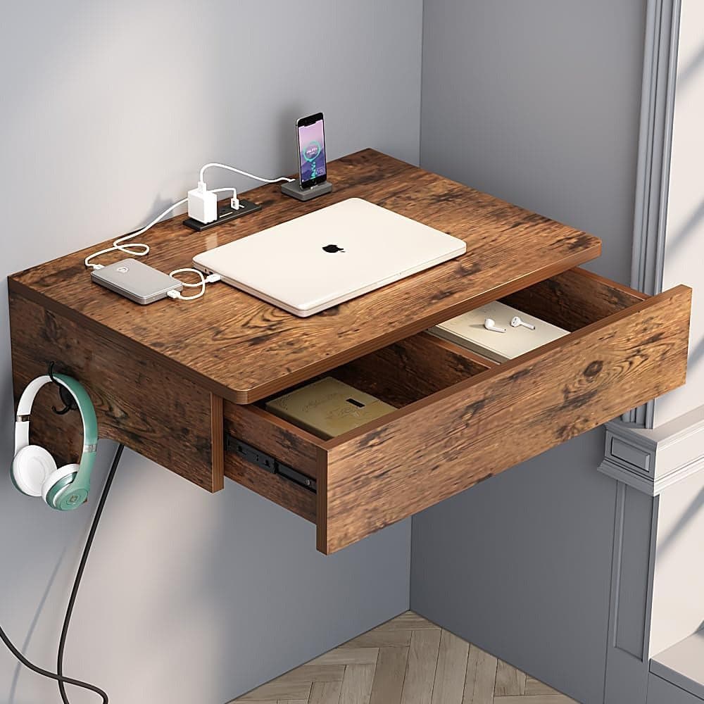 Floating Nightstand with Charging Station, Nightstands With Drawers Rustic Brown Detail