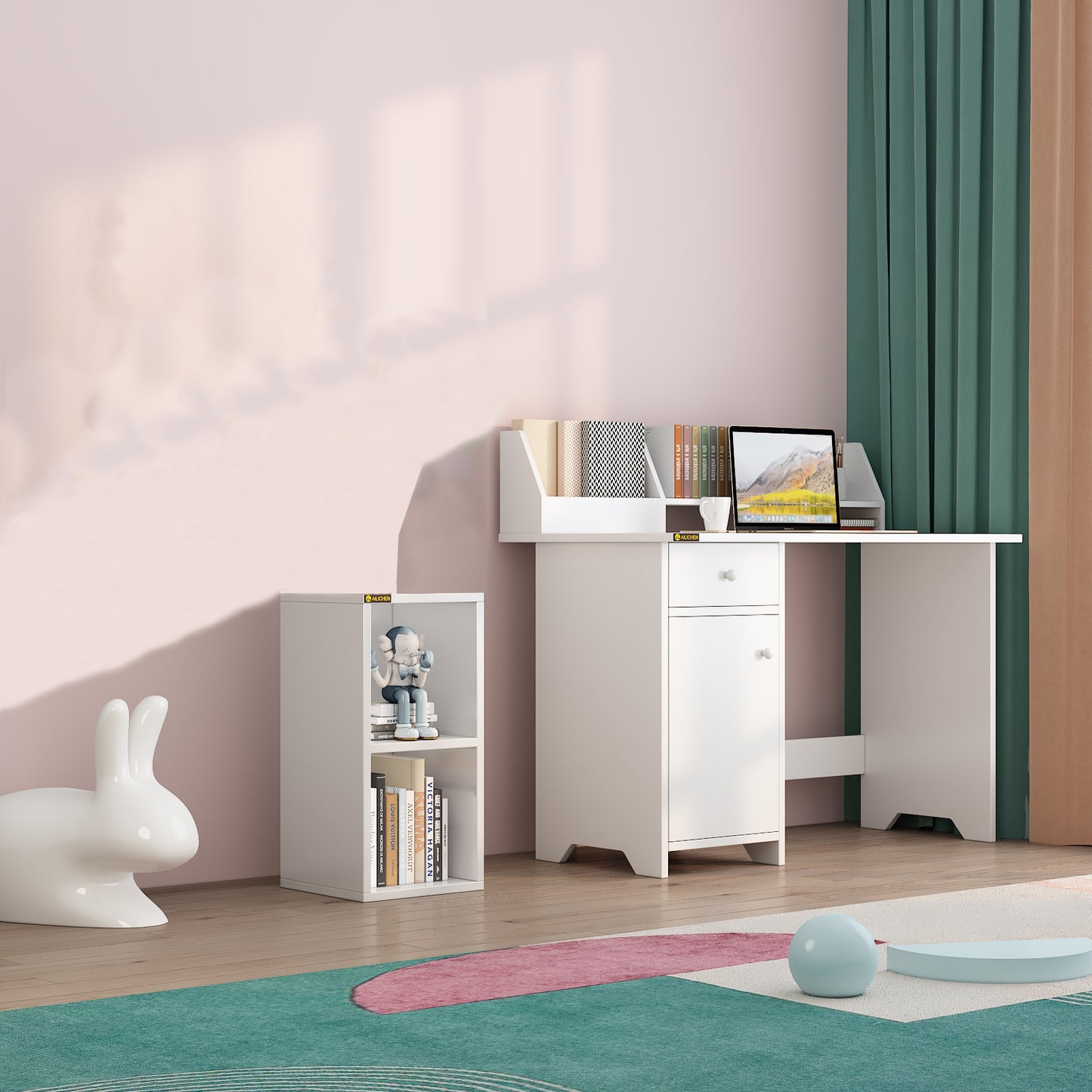 cube cabinet 2 tiers beside desk