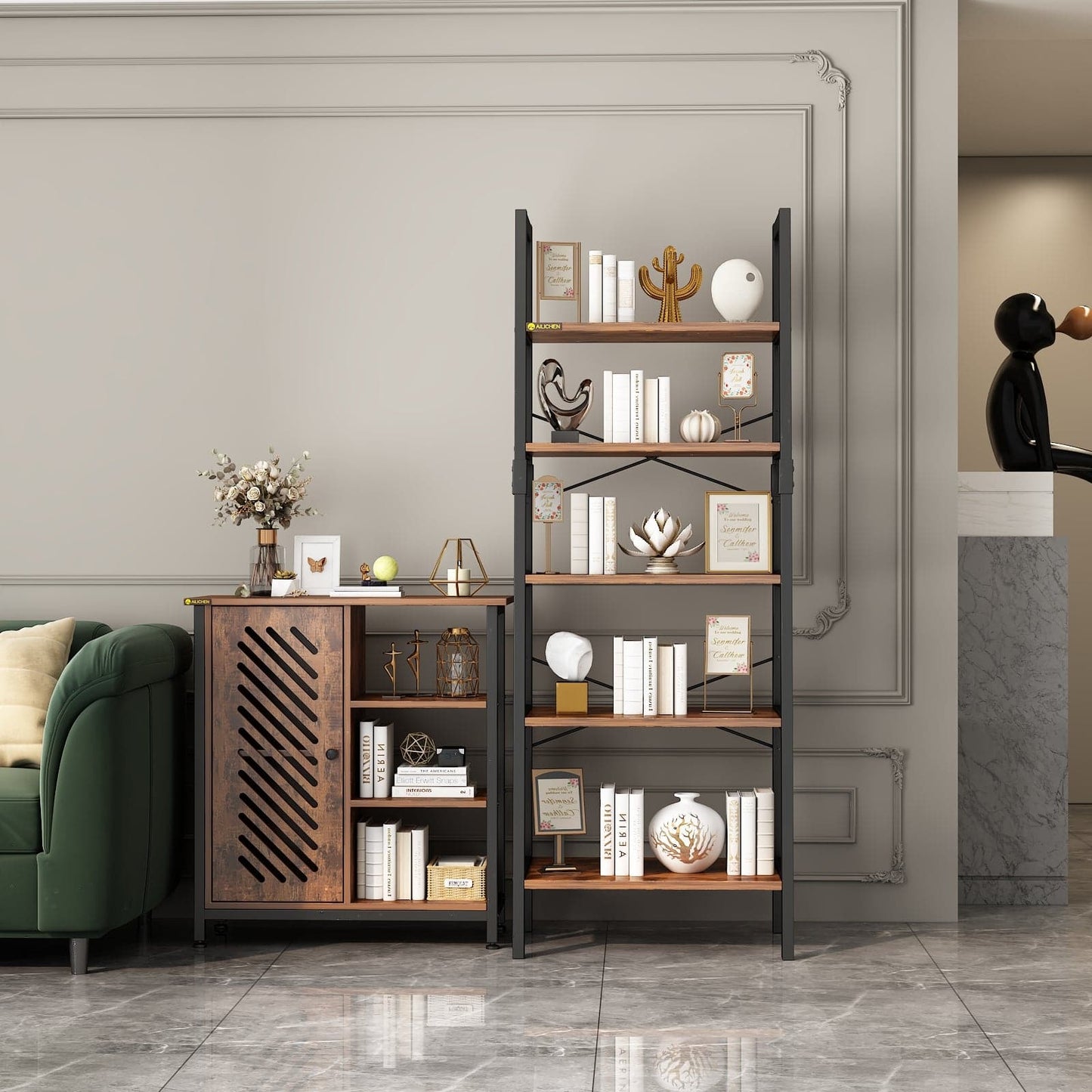 Industrial 5-Tier Bookshelf Wood Look Accent Metal Frame