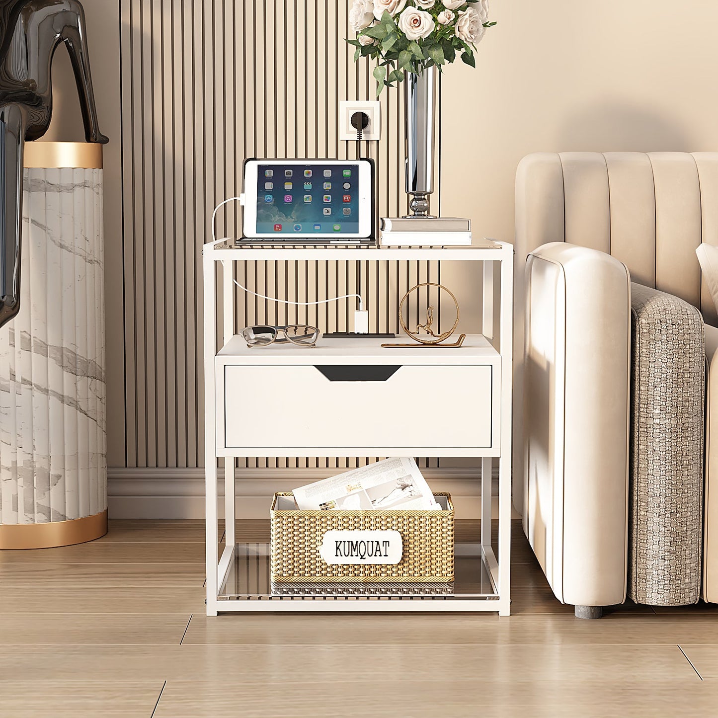 Nightstand with Storage Drawer and Open Wood Shelf