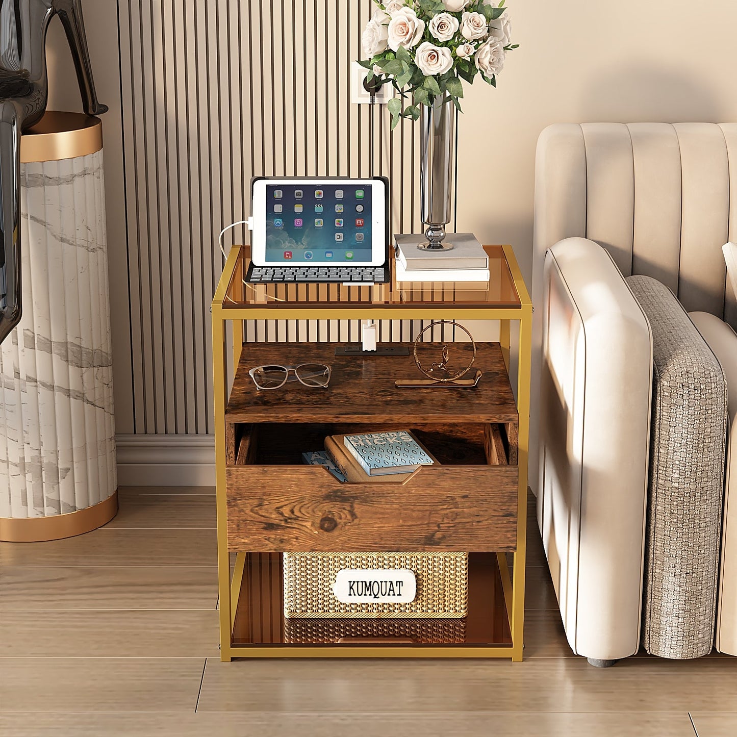 Nightstand with Storage Drawer and Open Wood Shelf