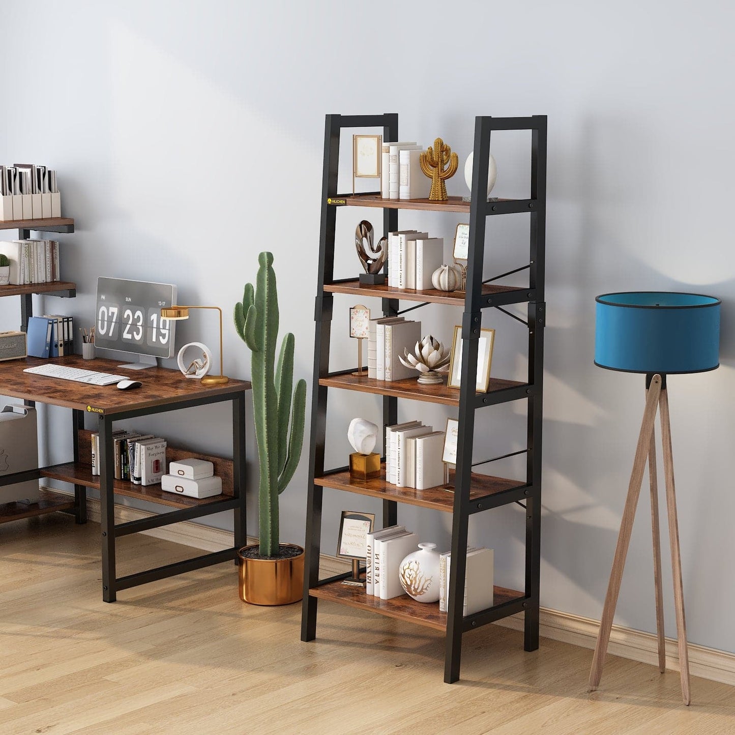 Industrial 5-Tier Bookshelf Wood Look Accent Metal Frame