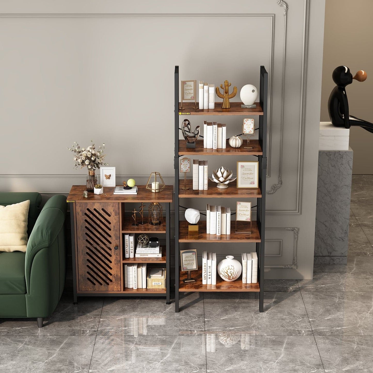 Industrial 5-Tier Bookshelf Wood Look Accent Metal Frame