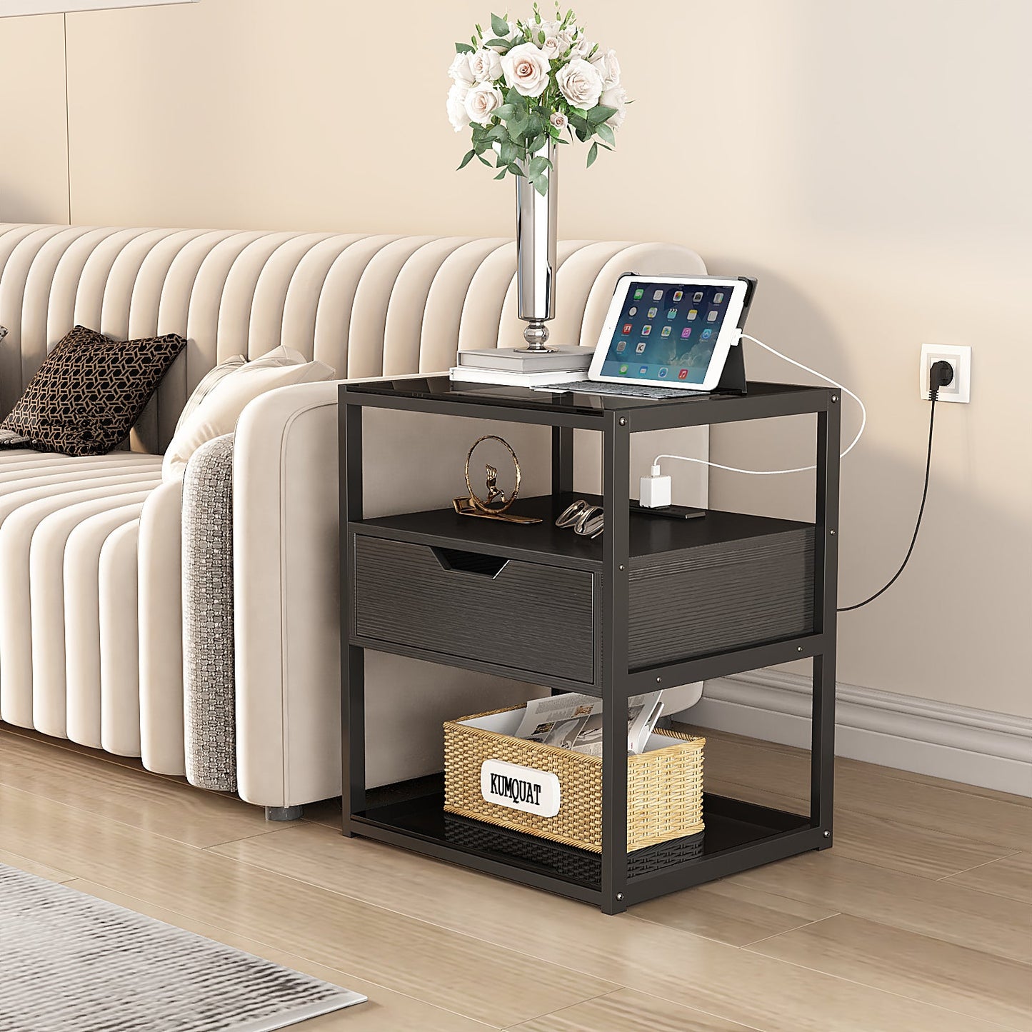 Nightstand with Storage Drawer and Open Wood Shelf