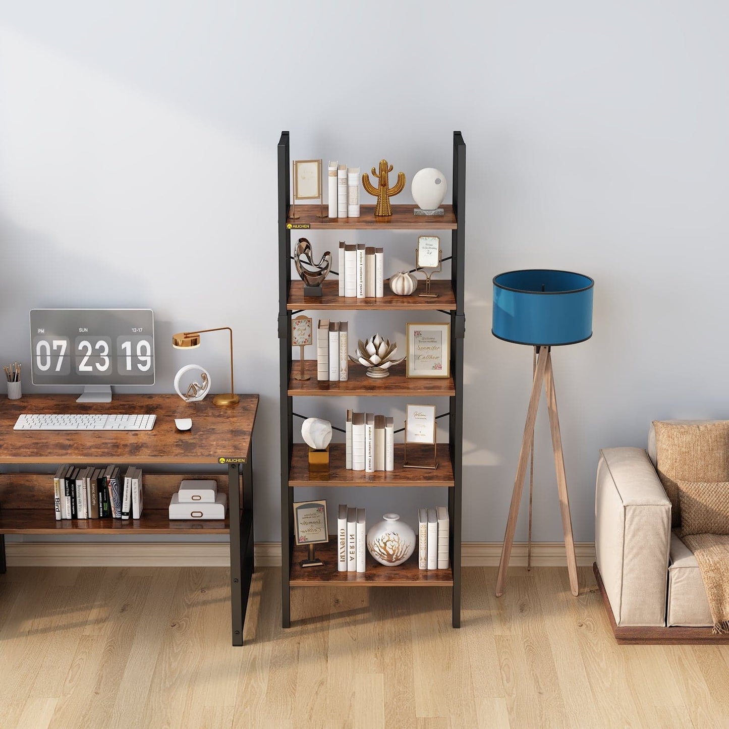 Industrial 5-Tier Bookshelf Wood Look Accent Metal Frame