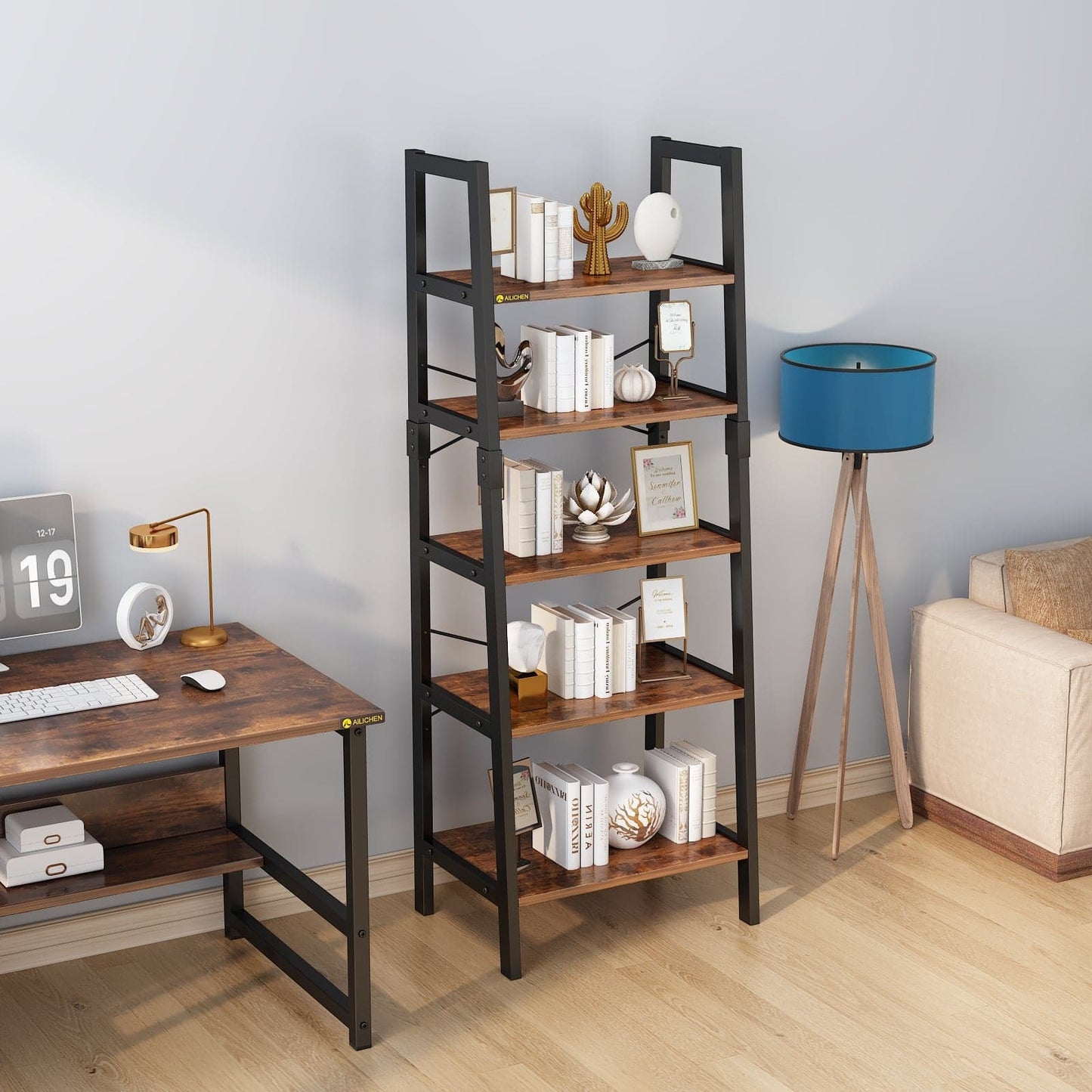Industrial 5-Tier Bookshelf Wood Look Accent Metal Frame
