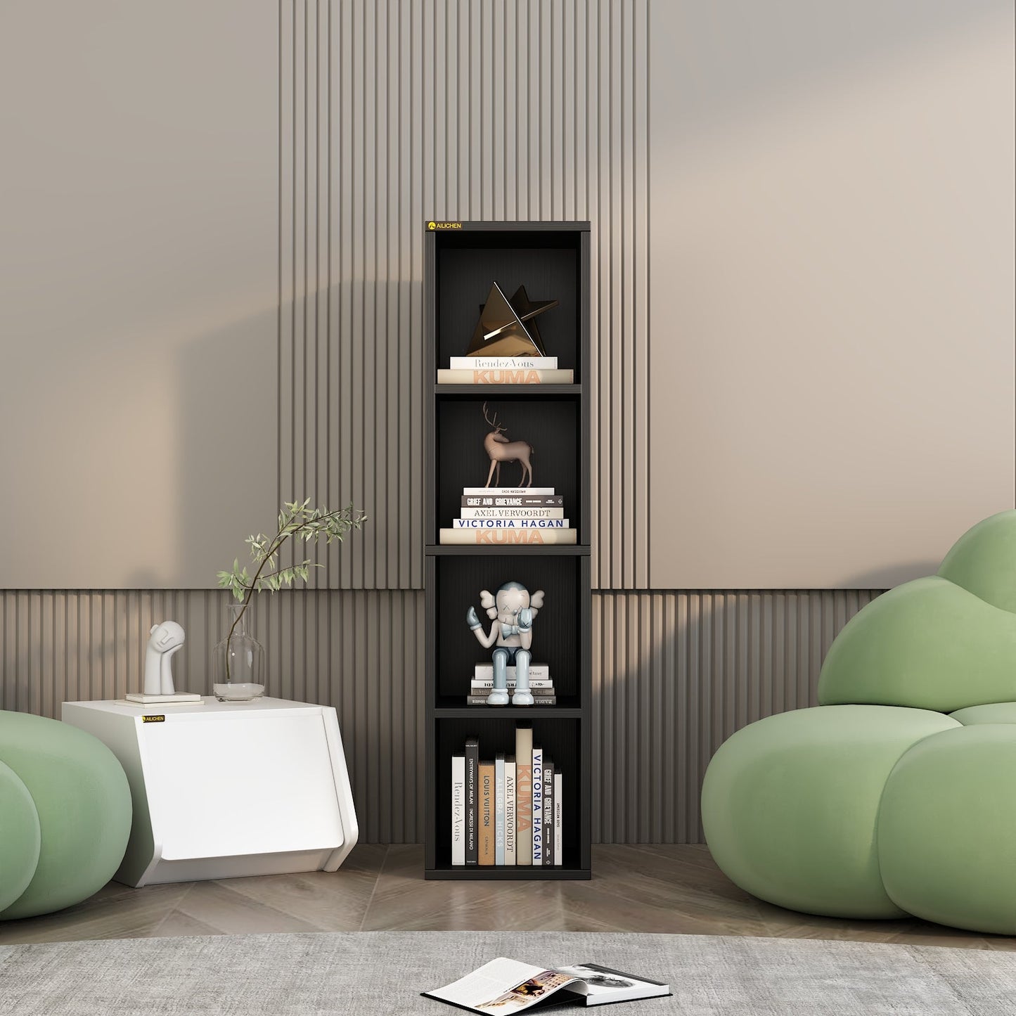 Home 4-Tier Media Tower Rack, Tall Narrow Bookcase Display Bookshelf for Home Office