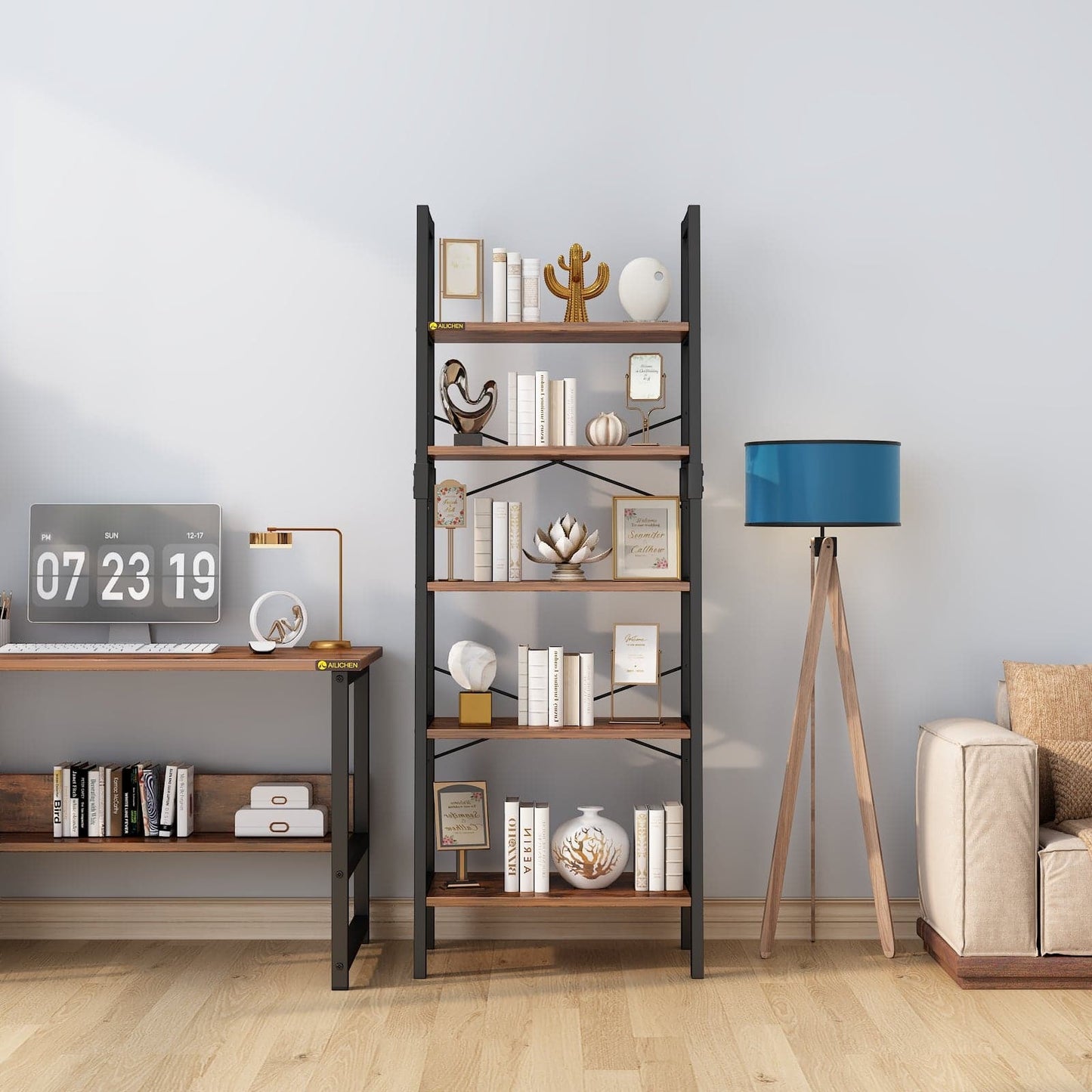 Industrial 5-Tier Bookshelf Wood Look Accent Metal Frame