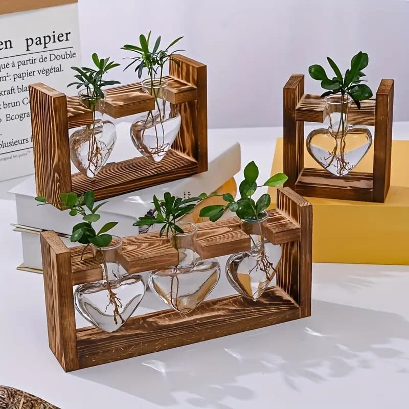 Hydroponic Plant Terrarium Love Heart Vase With Wooden Stand