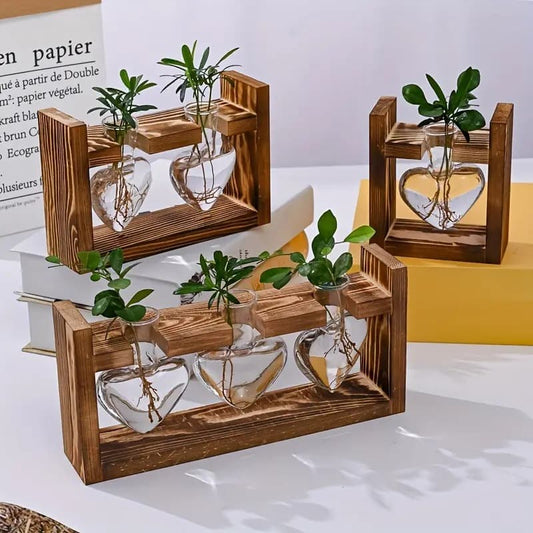 Hydroponic Plant Terrarium Love Heart Vase With Wooden Stand