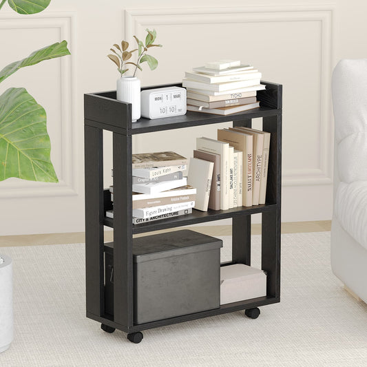 3-Tier Open Wood Shelving Unit, Mobile Small Side Tables, Space Saving