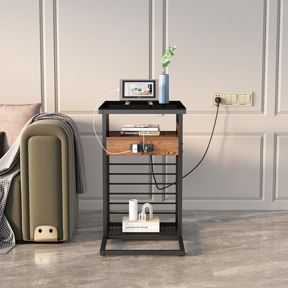 Mobile C-Shaped End Table with Charging Station and Wheels