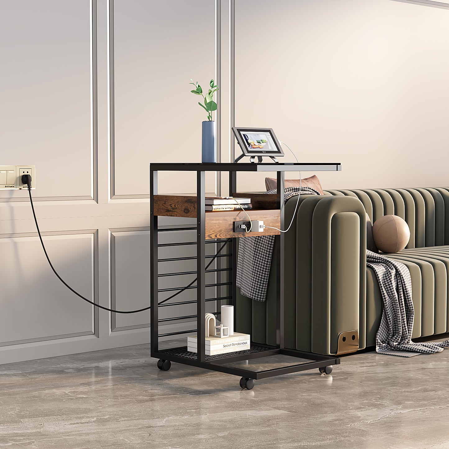 Mobile C-Shaped End Table with Charging Station and Wheels