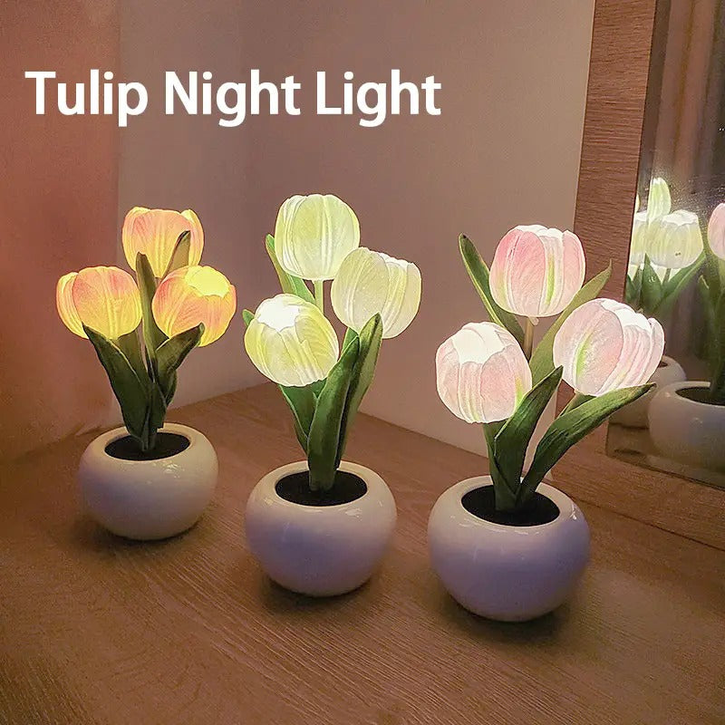 LED Tulip Night Light, Simulation Flower Table Lamp With Vase