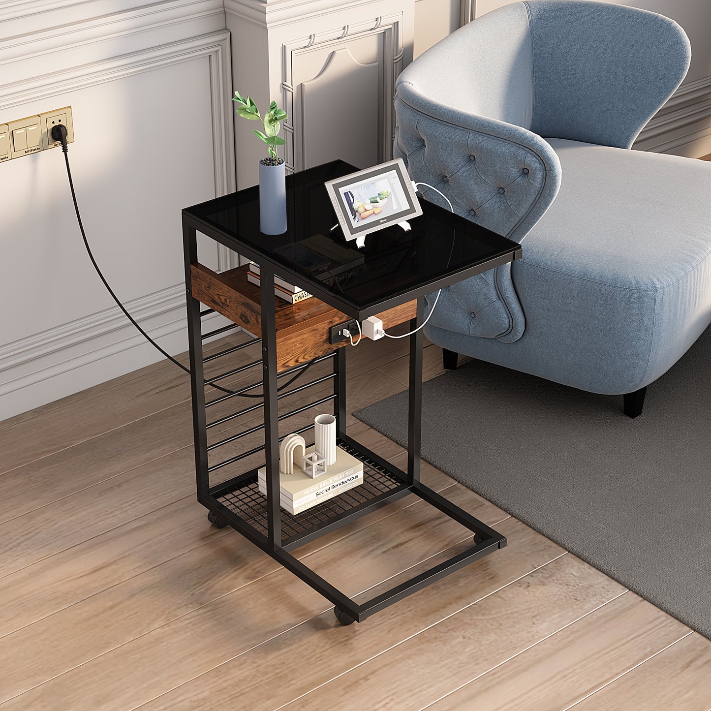 Mobile C-Shaped End Table with Charging Station and Wheels