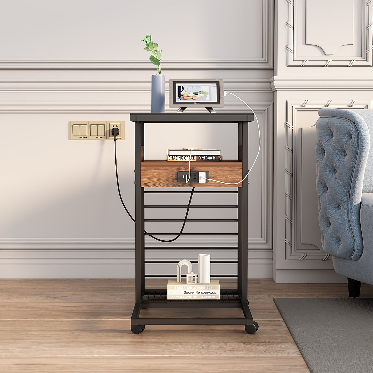 Mobile C-Shaped End Table with Charging Station and Wheels