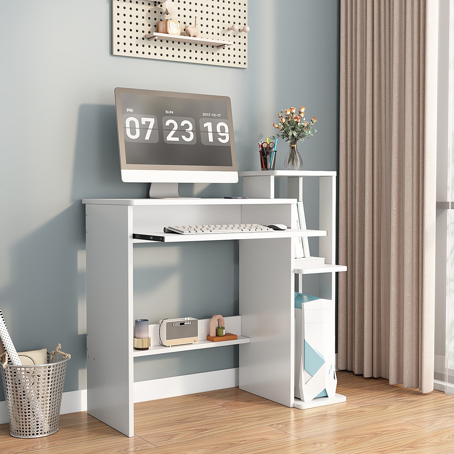 Computer Desk with Keyboard Tray and Storage Shelf Small Modern Working Table