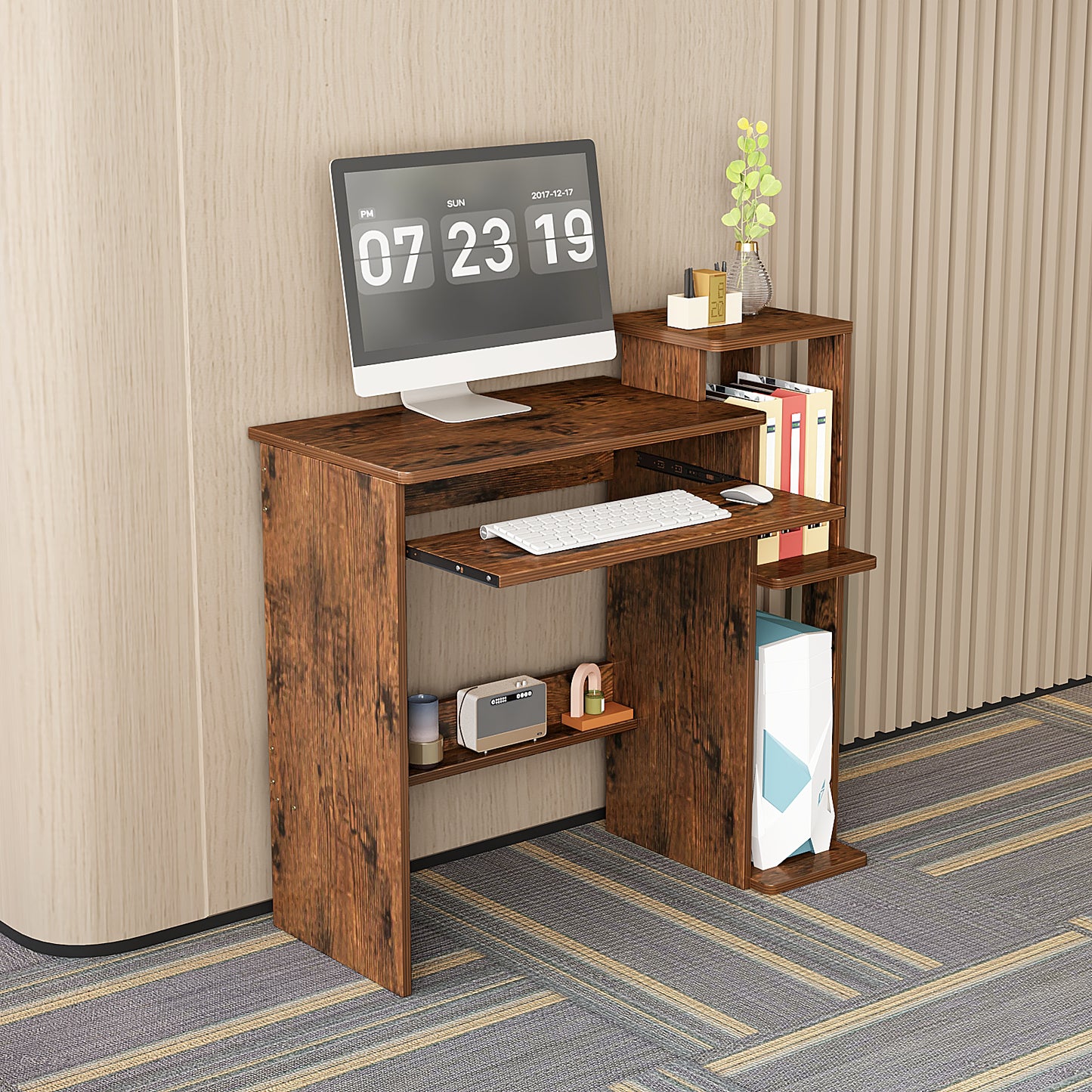 Computer Desk with Keyboard Tray and Storage Shelf Small Modern Working Table