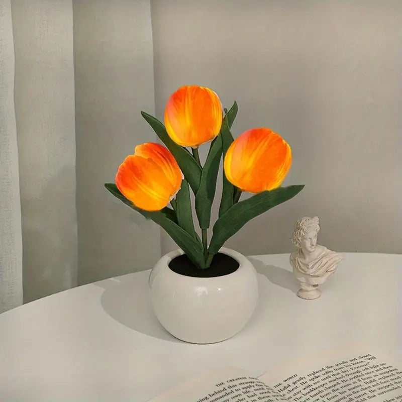 LED Tulip Night Light, Simulation Flower Table Lamp With Vase