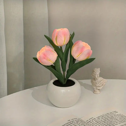 LED Tulip Night Light, Simulation Flower Table Lamp With Vase