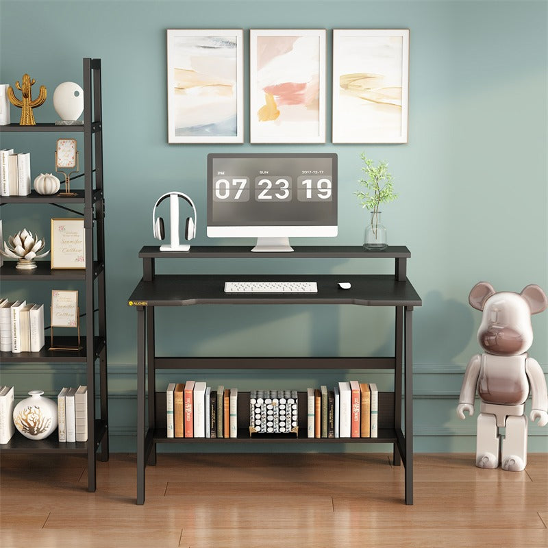 Computer Desk with Monitor & Storage Shelves for Small Spaces