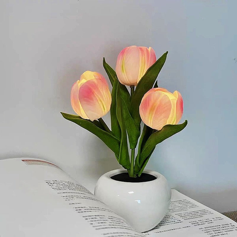 LED Tulip Night Light, Simulation Flower Table Lamp With Vase