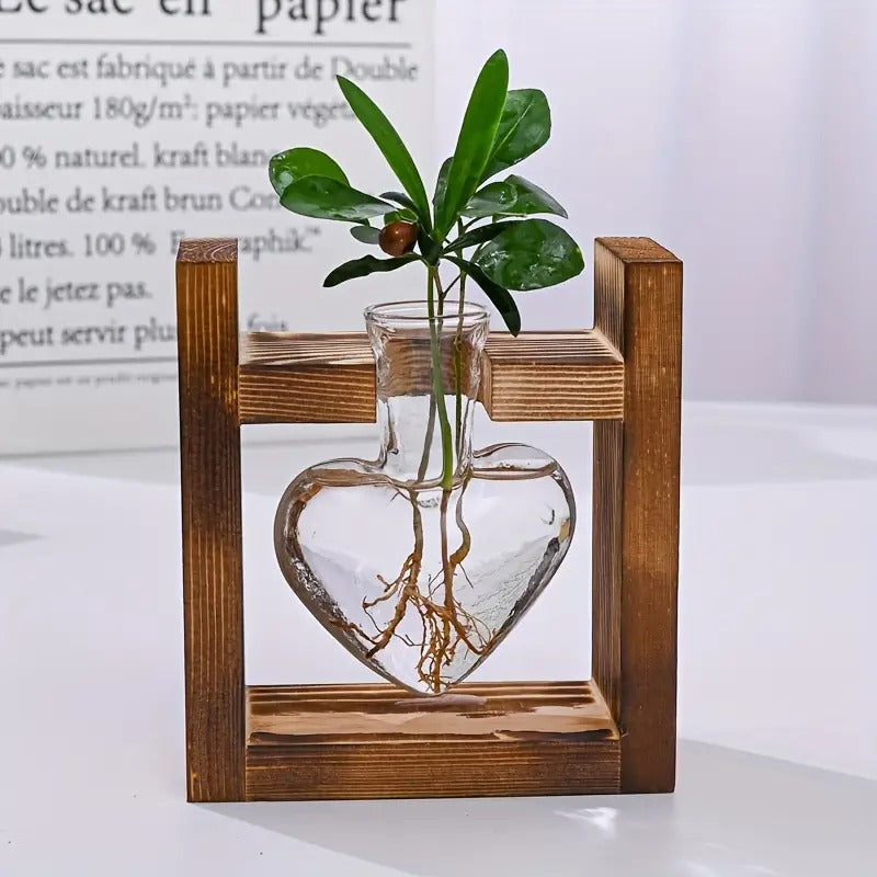 Hydroponic Plant Terrarium Love Heart Vase With Wooden Stand