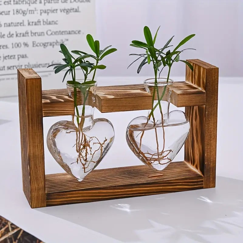 Hydroponic Plant Terrarium Love Heart Vase With Wooden Stand