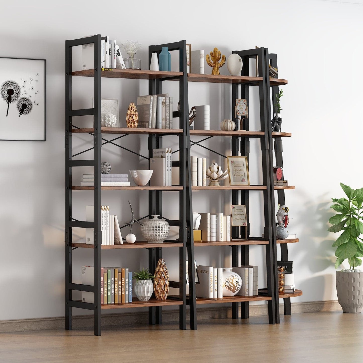 5-Tier Industrial Wooden Bookcase Display Rack with Metal Frame