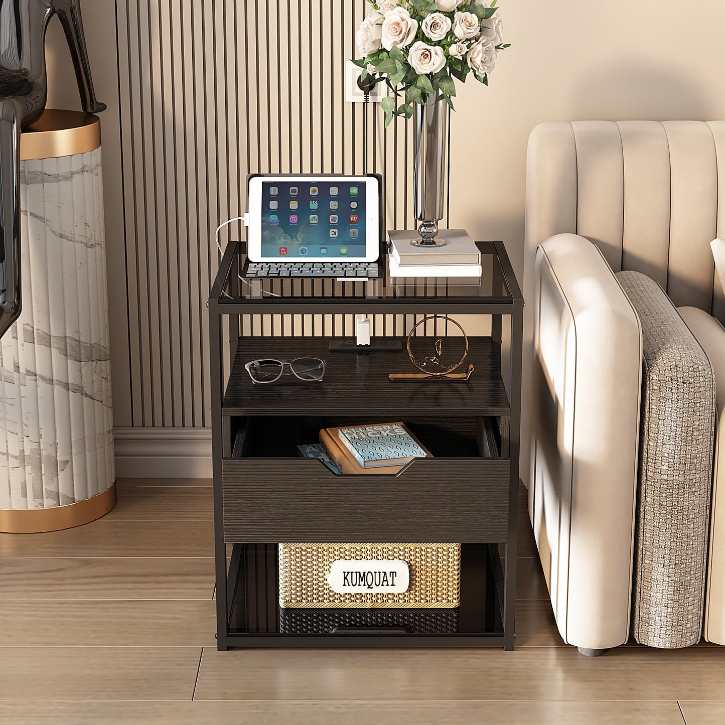 Nightstand with Storage Drawer and Open Wood Shelf