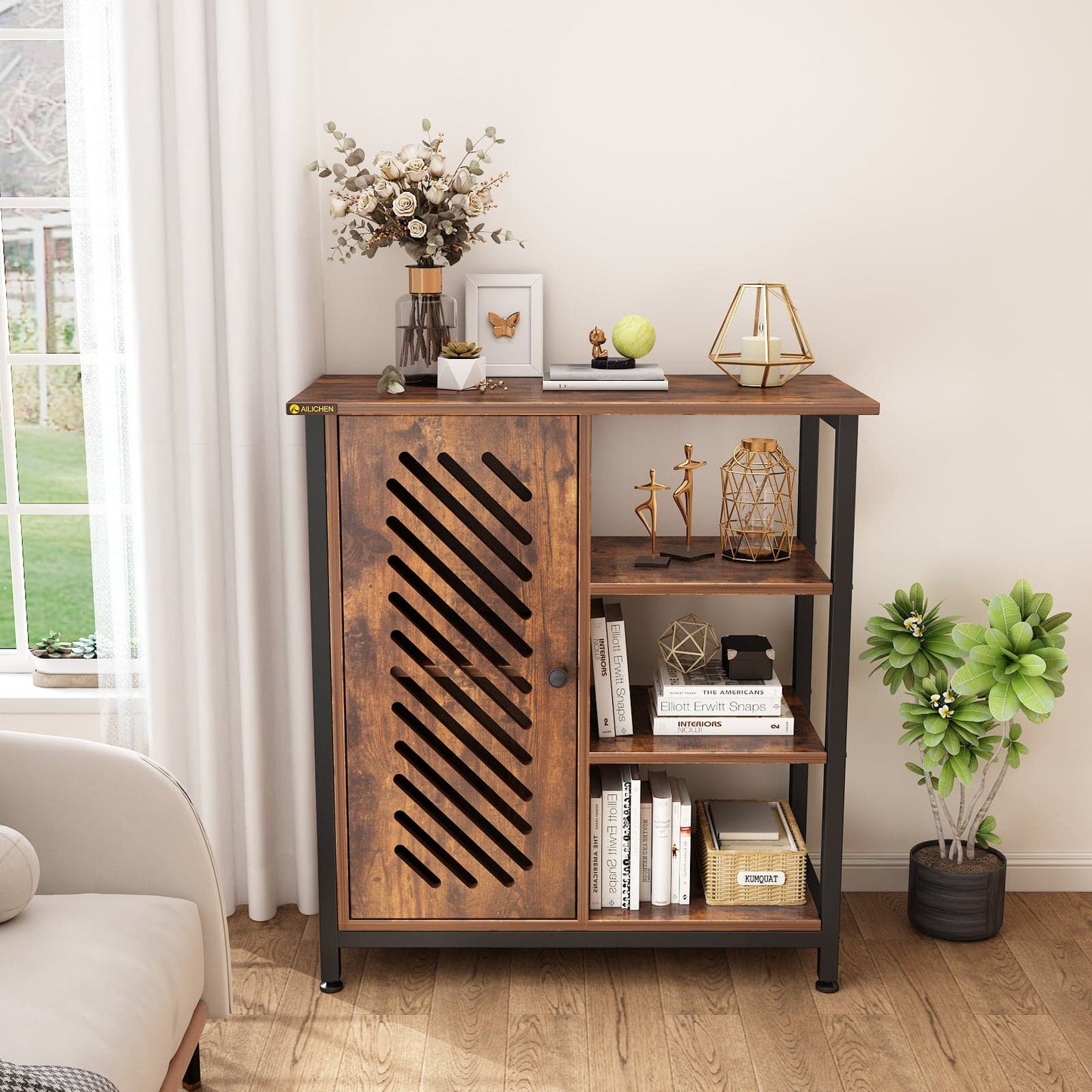 Floor Cabinet with 3 Open Shelves and Door Retro Storage Cabinet