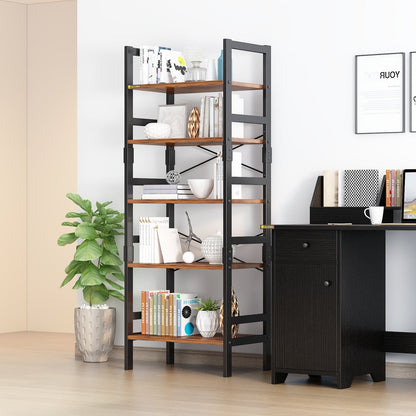 5-Tier Industrial Wooden Bookcase Display Rack with Metal Frame