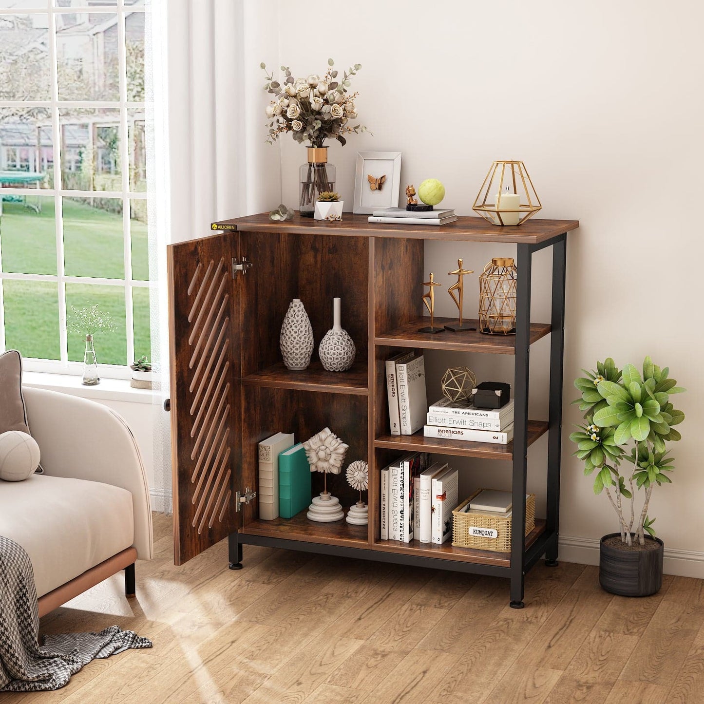 Floor Cabinet with 3 Open Shelves and Door Retro Storage Cabinet