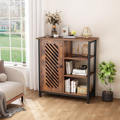 Floor Cabinet with 3 Open Shelves and Door Retro Storage Cabinet