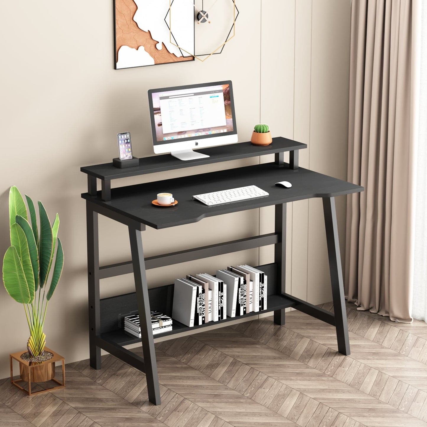 Computer Desk with Monitor & Storage Shelves for Small Spaces