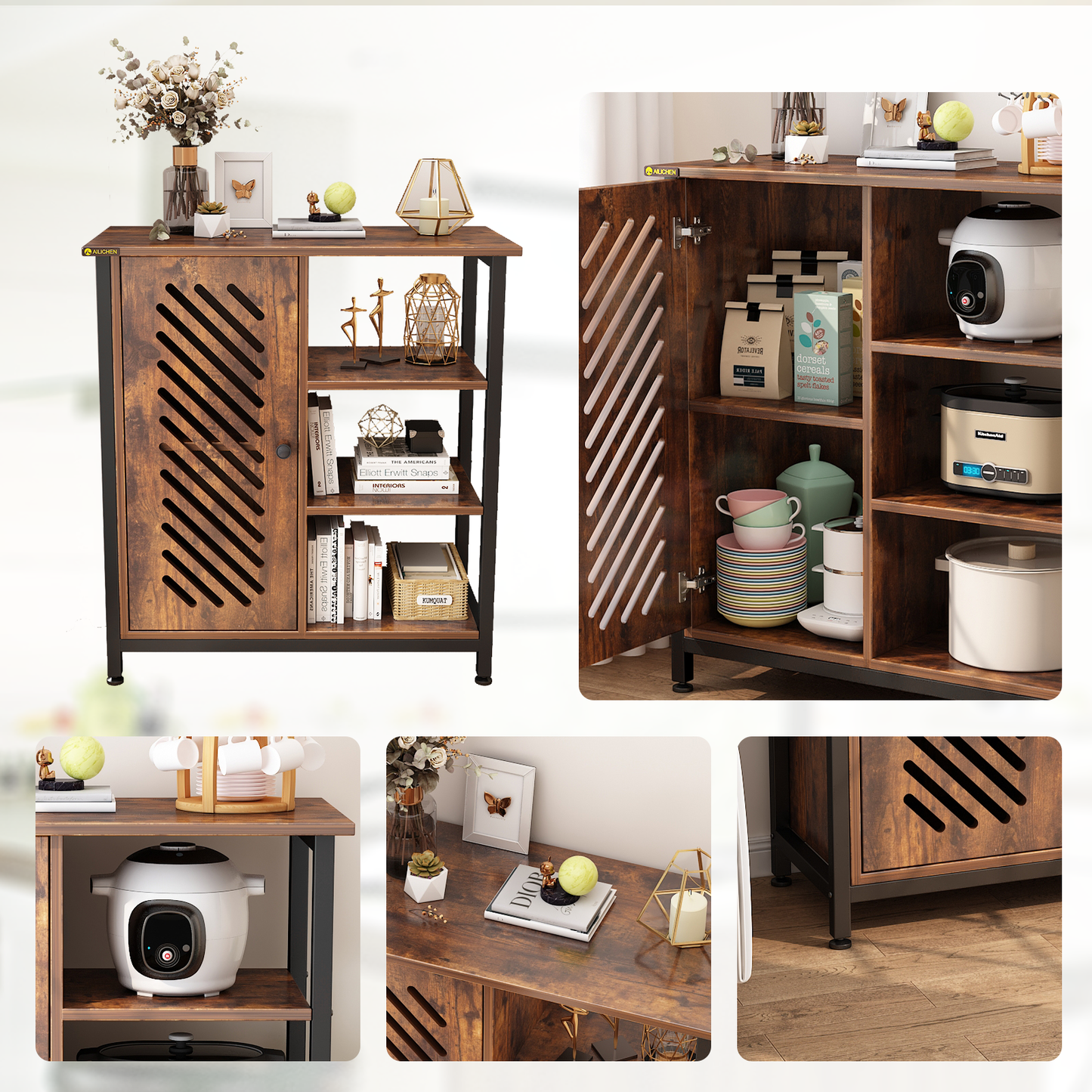 Floor Cabinet with 3 Open Shelves and Door Retro Storage Cabinet